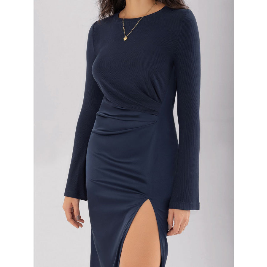 Split Round Neck Long Sleeve Midi Dress Apparel and Accessories