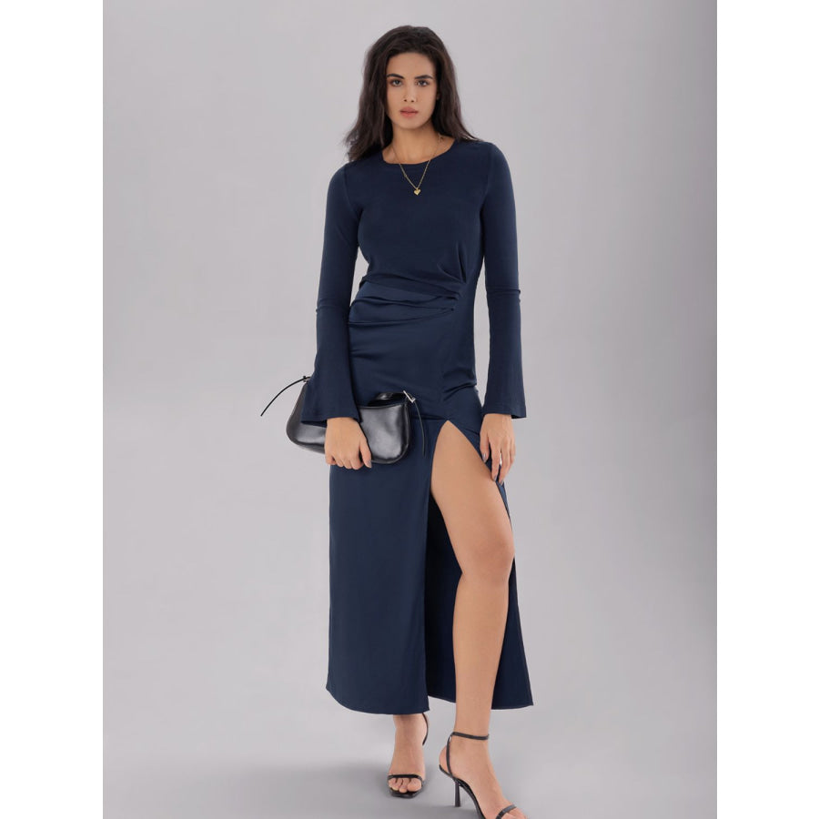 Split Round Neck Long Sleeve Midi Dress Apparel and Accessories