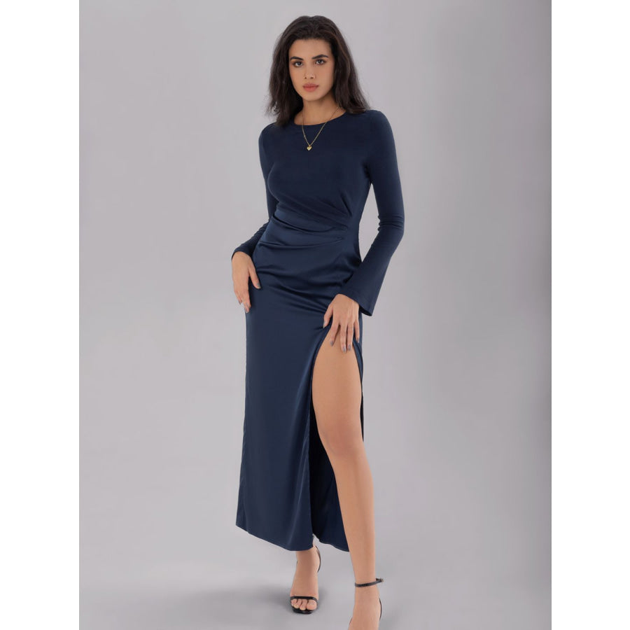 Split Round Neck Long Sleeve Midi Dress Dark Navy / S Apparel and Accessories