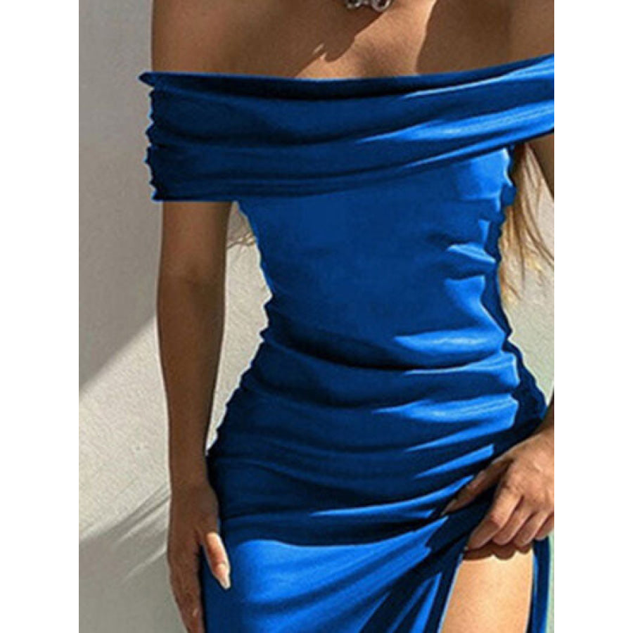 Split Ruched Off - Shoulder Dress Royal Blue / S Apparel and Accessories