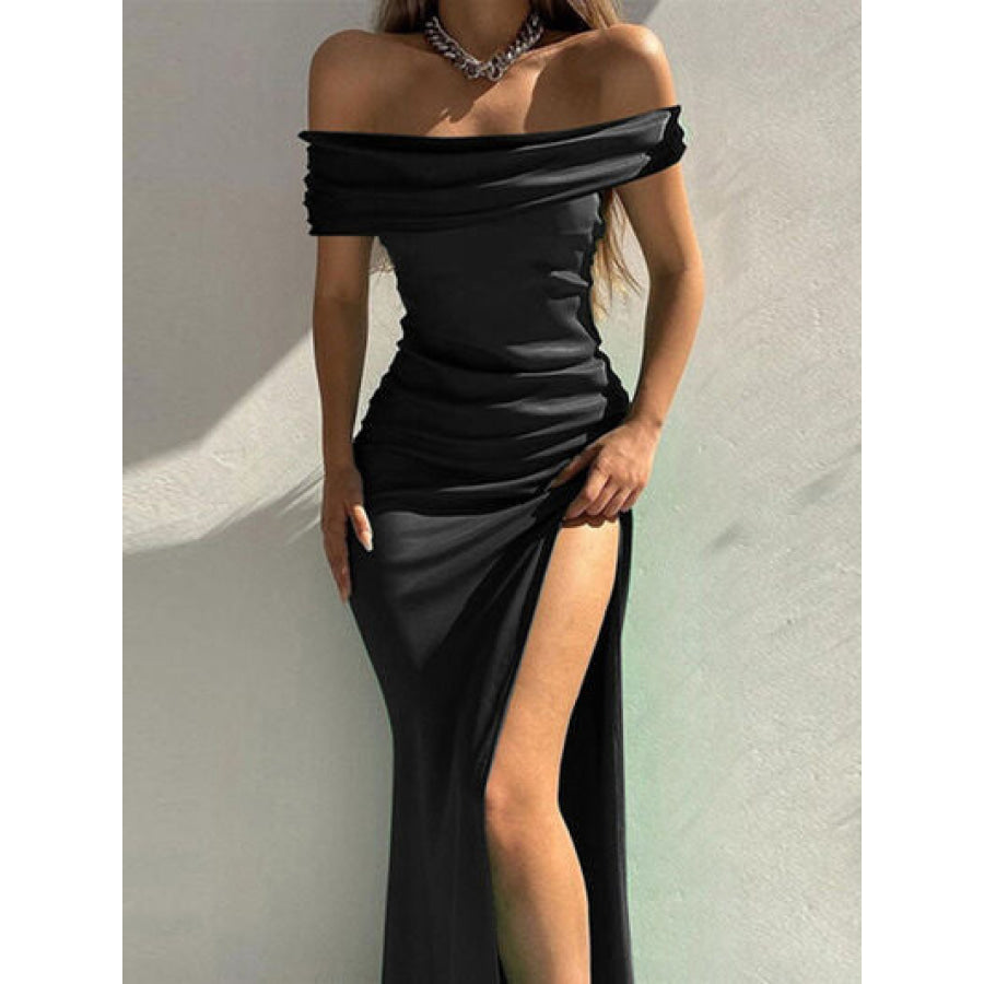 Split Ruched Off - Shoulder Dress Black / S Apparel and Accessories