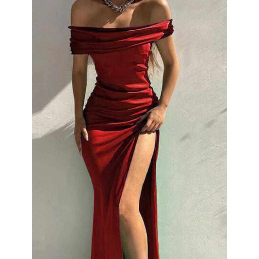 Split Ruched Off - Shoulder Dress Deep Red / S Apparel and Accessories