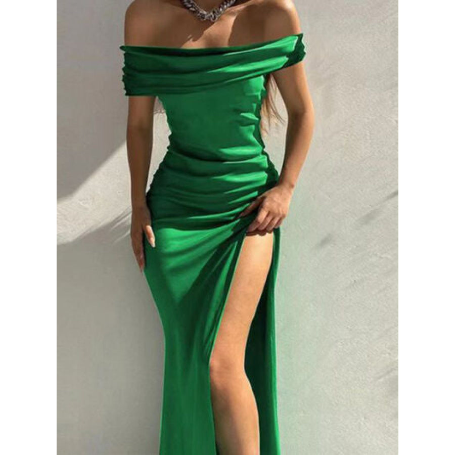 Split Ruched Off - Shoulder Dress Mid Green / S Apparel and Accessories