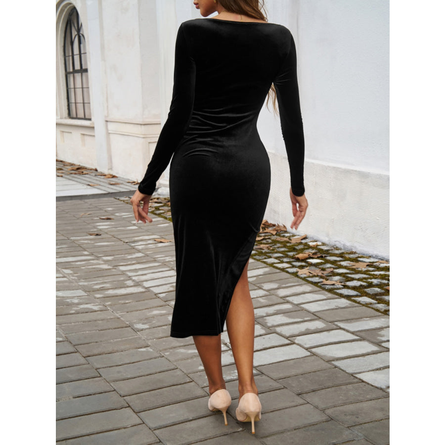 Split Square Neck Long Sleeve Midi Dress Black / S Apparel and Accessories