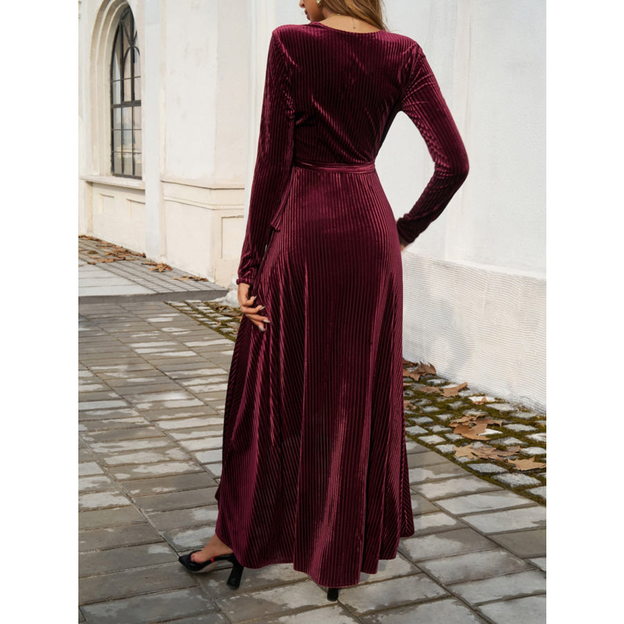 Split Surplice Long Sleeve Midi Dress Burgundy / S Apparel and Accessories