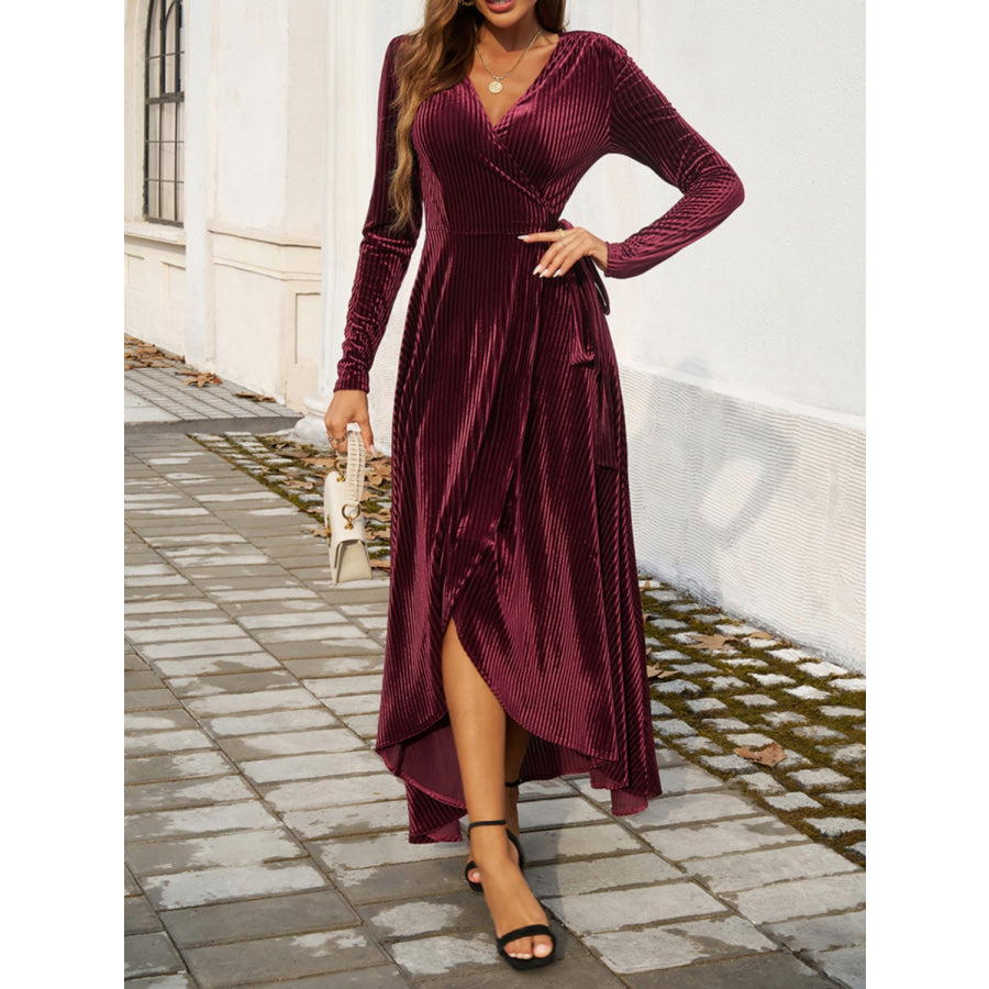 Split Surplice Long Sleeve Midi Dress Burgundy / S Apparel and Accessories