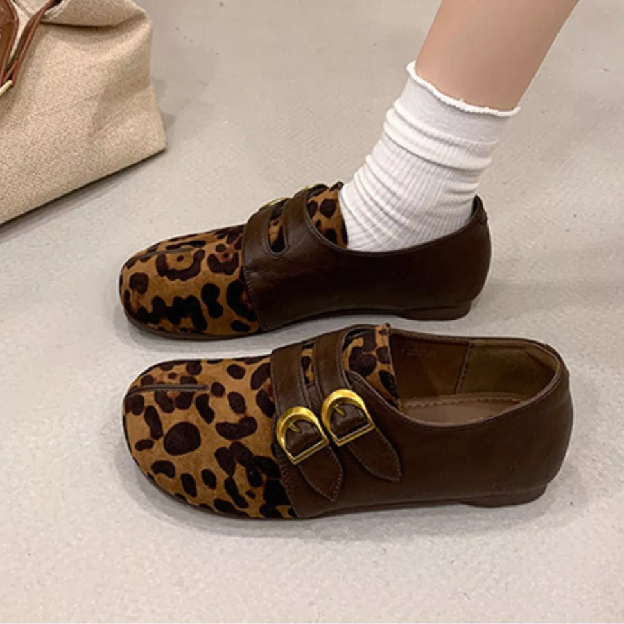 Split Toe Double Buckle Slip-Ons Leopard / 35 Apparel and Accessories
