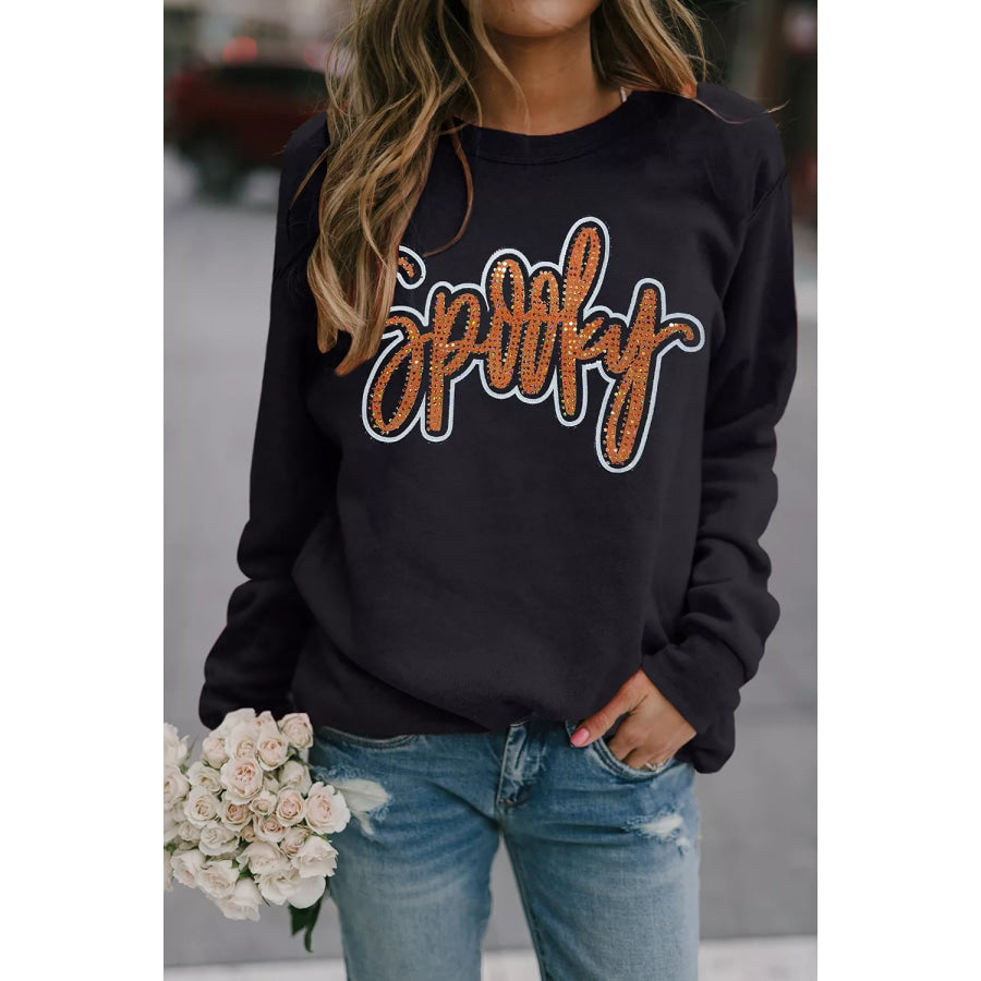 Spooky Rhinestone Drop Shoulder Sweatshirt Apparel and Accessories