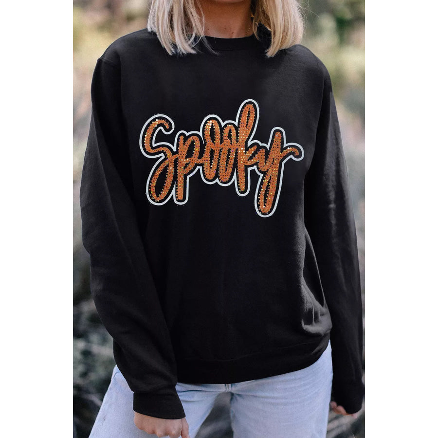 Spooky Rhinestone Drop Shoulder Sweatshirt Apparel and Accessories
