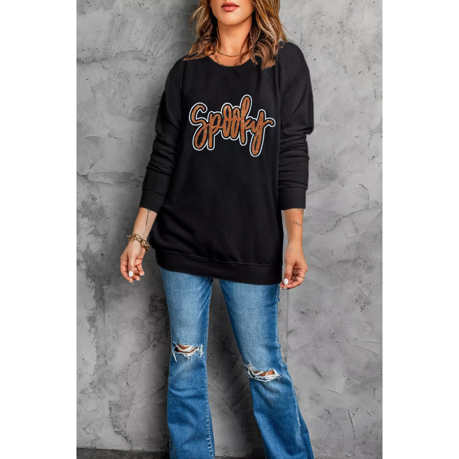 Spooky Rhinestone Drop Shoulder Sweatshirt Apparel and Accessories