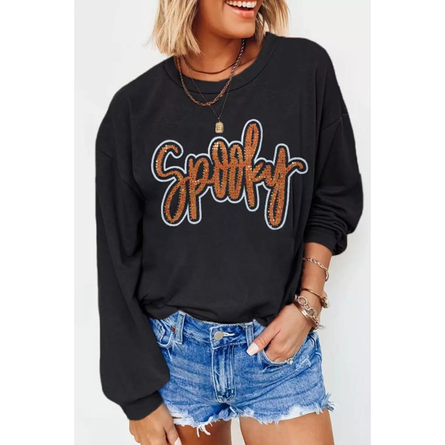 Spooky Rhinestone Drop Shoulder Sweatshirt Black / L Apparel and Accessories