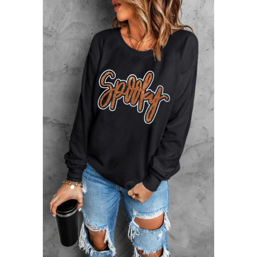 SPOOKY Rhinestone Round Neck Long Sleeve Sweatshirt Apparel and Accessories