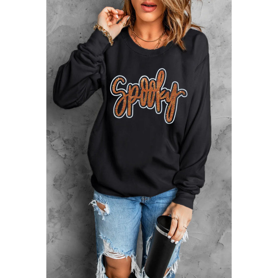 SPOOKY Rhinestone Round Neck Long Sleeve Sweatshirt Black / S Apparel and Accessories