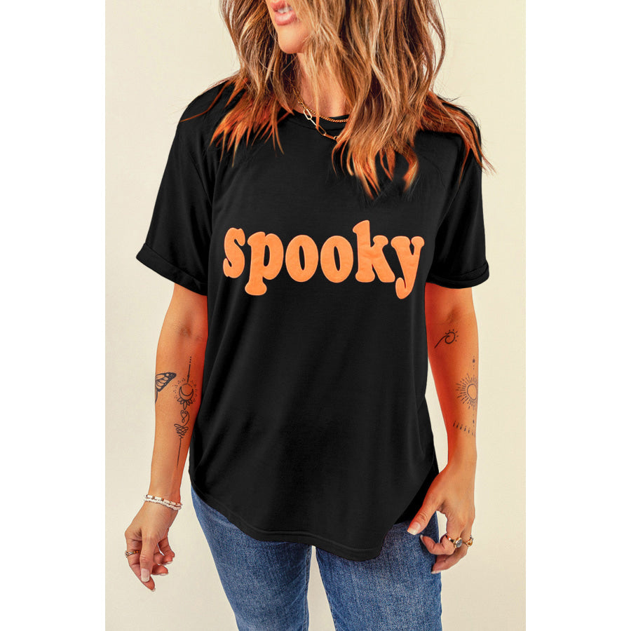 SPOOKY Round Neck Short Sleeve T-Shirt Black / S Apparel and Accessories