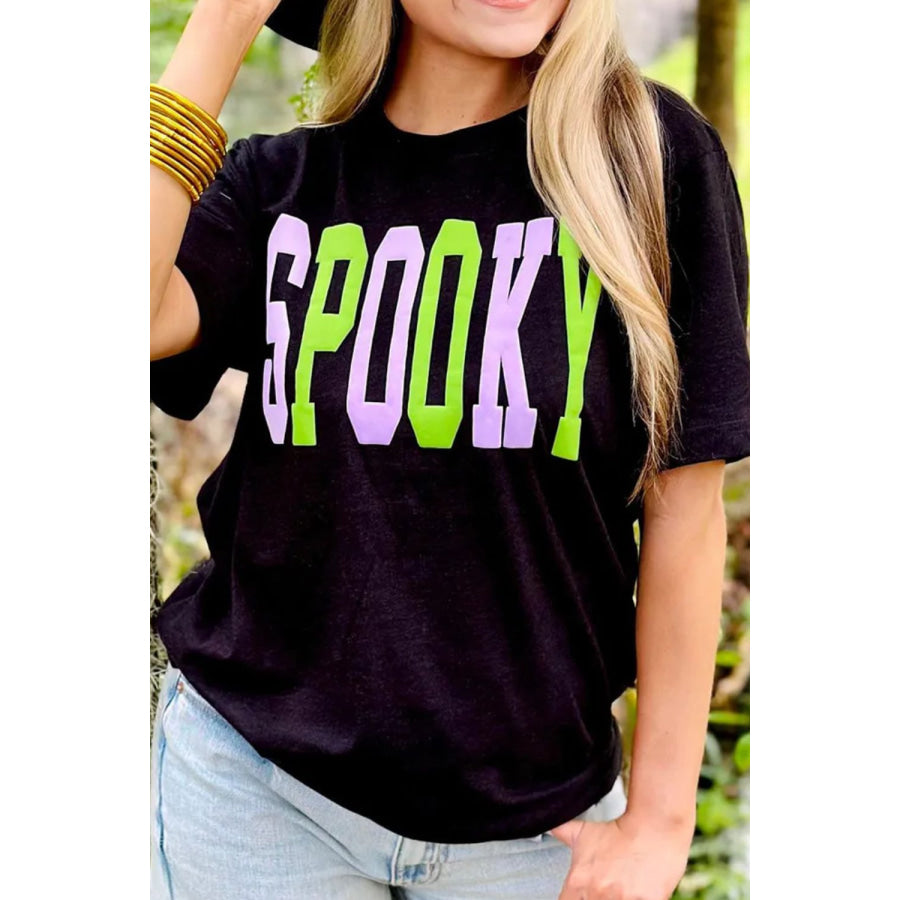 SPOOKY Round Neck Short Sleeve T-Shirt Black / S Apparel and Accessories