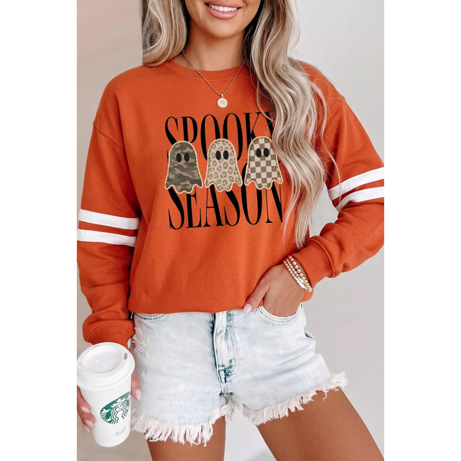 Spooky Season Ghost Graphic Varsity Striped Sleeve Halloween Pullover Sweatshirt Apparel and Accessories