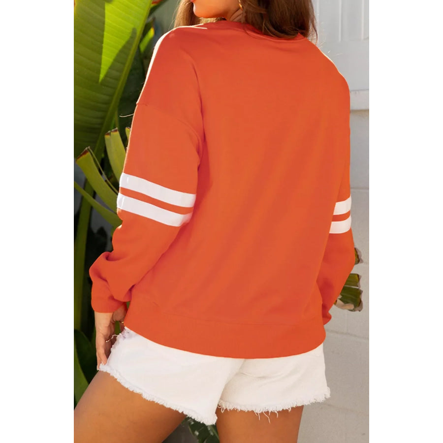 Spooky Season Ghost Graphic Varsity Striped Sleeve Halloween Pullover Sweatshirt Apparel and Accessories