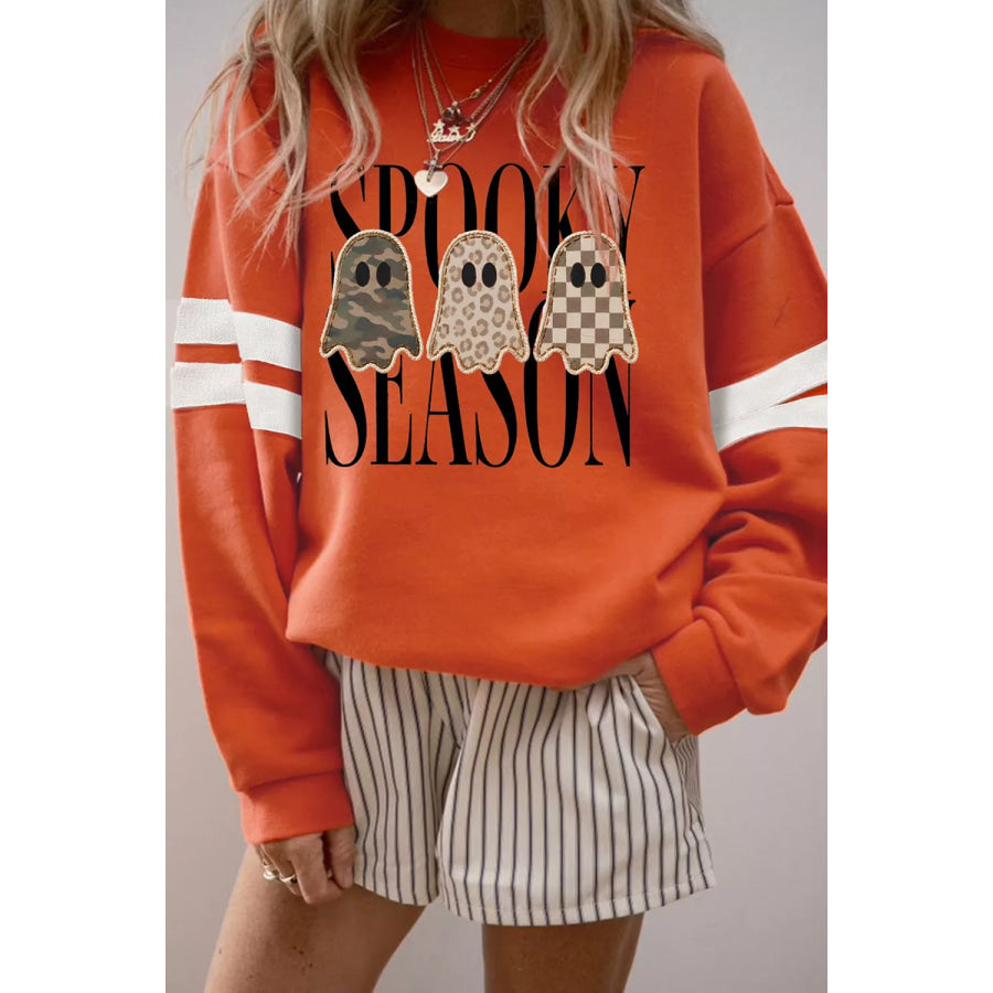 Spooky Season Ghost Graphic Varsity Striped Sleeve Halloween Pullover Sweatshirt Orange / S Apparel and Accessories