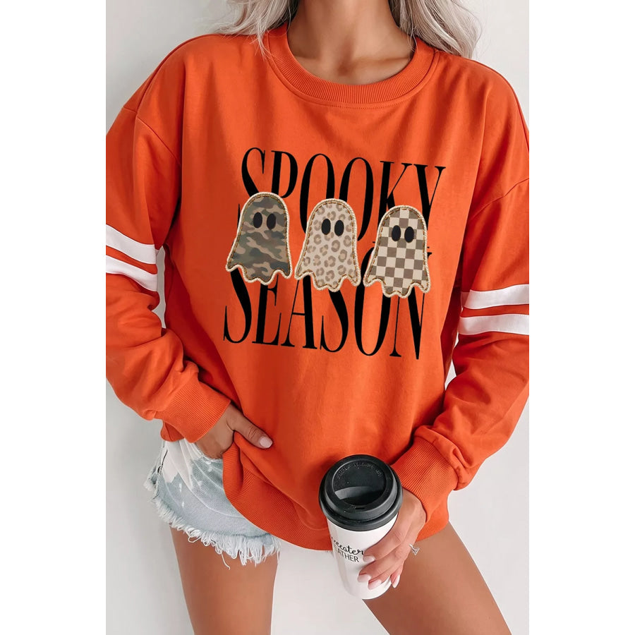 Spooky Season Ghost Graphic Varsity Striped Sleeve Halloween Pullover Sweatshirt Apparel and Accessories