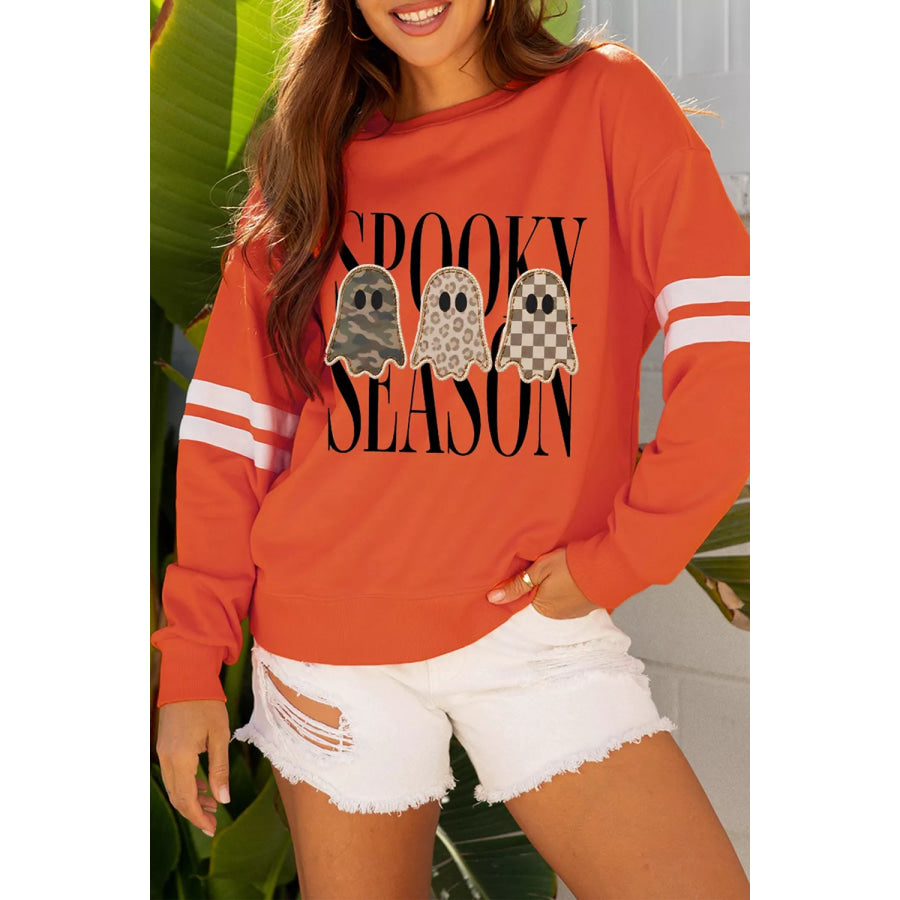 Spooky Season Ghost Graphic Varsity Striped Sleeve Halloween Pullover Sweatshirt Orange / S Apparel and Accessories