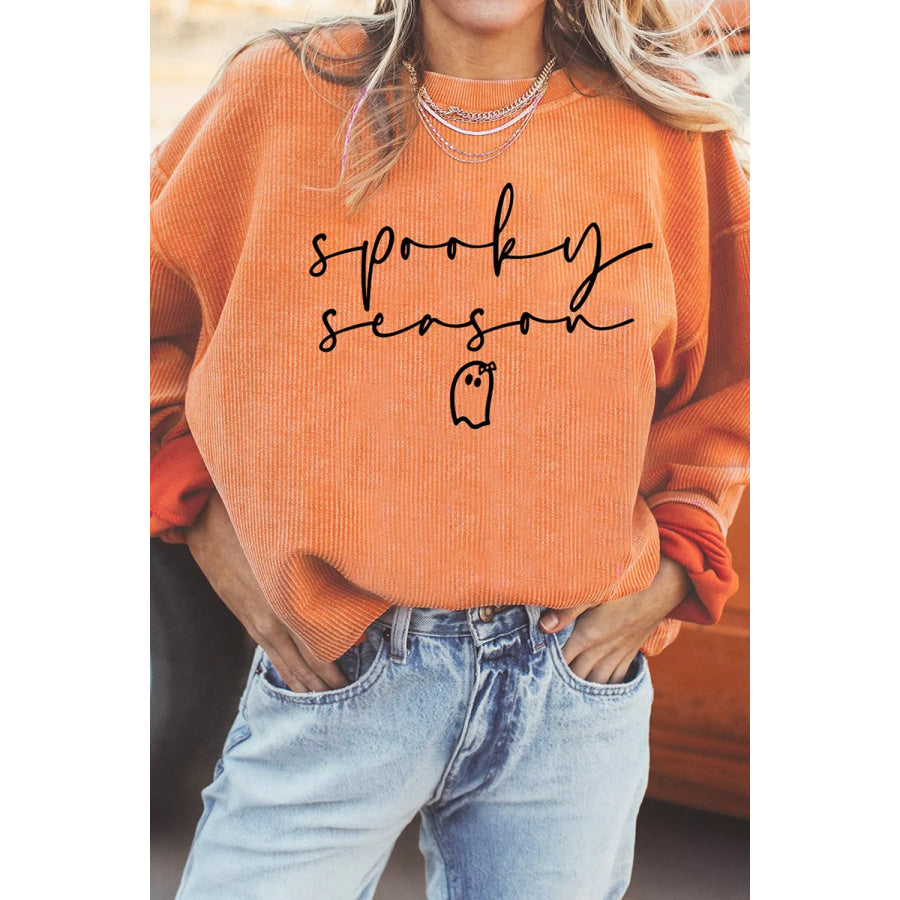 Spooky Season Ghost Letter Cozy Ribbed Pullover Sweatshirt Apparel and Accessories