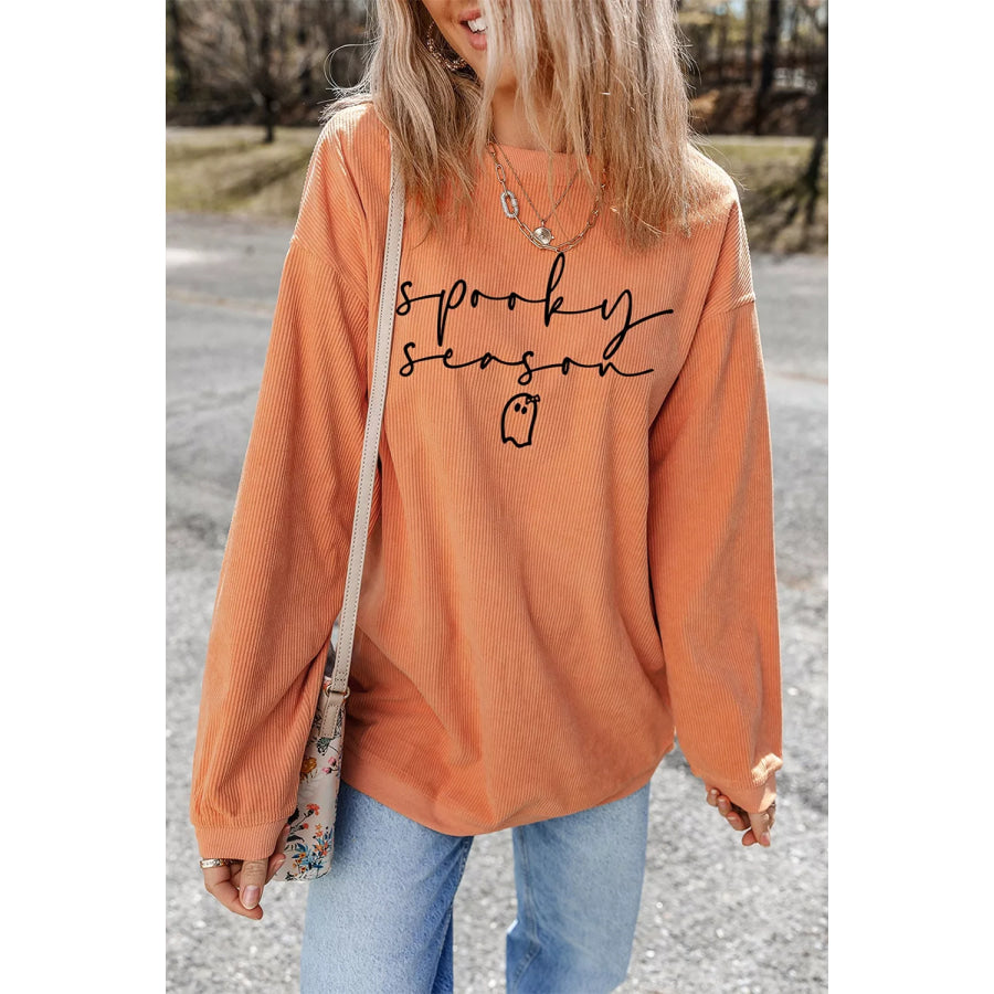 Spooky Season Ghost Letter Cozy Ribbed Pullover Sweatshirt Sherbet / S Apparel and Accessories