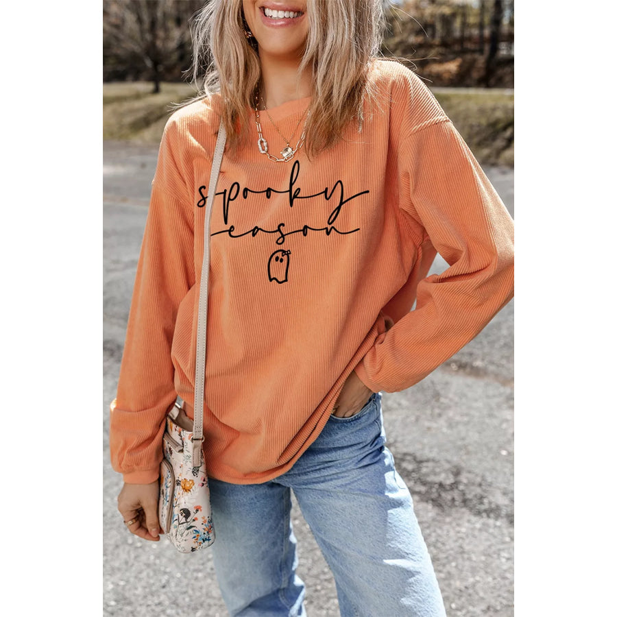 Spooky Season Ghost Letter Cozy Ribbed Pullover Sweatshirt Sherbet / S Apparel and Accessories