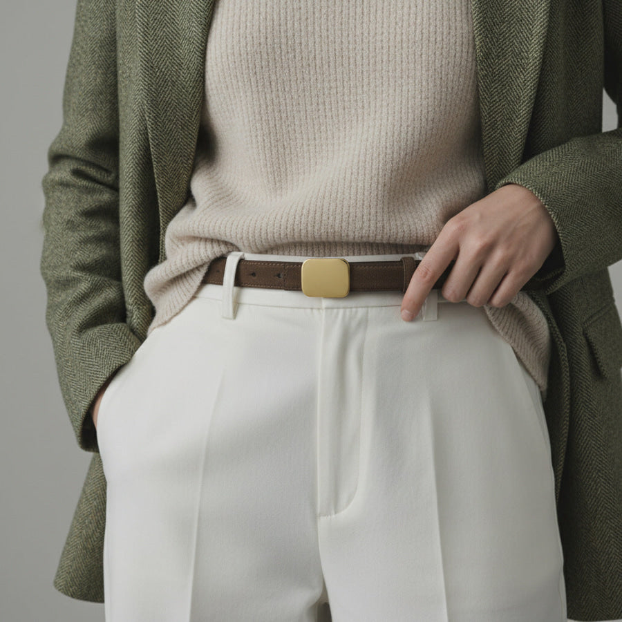 Square Buckle Leather Belt Brown / One Size Apparel and Accessories