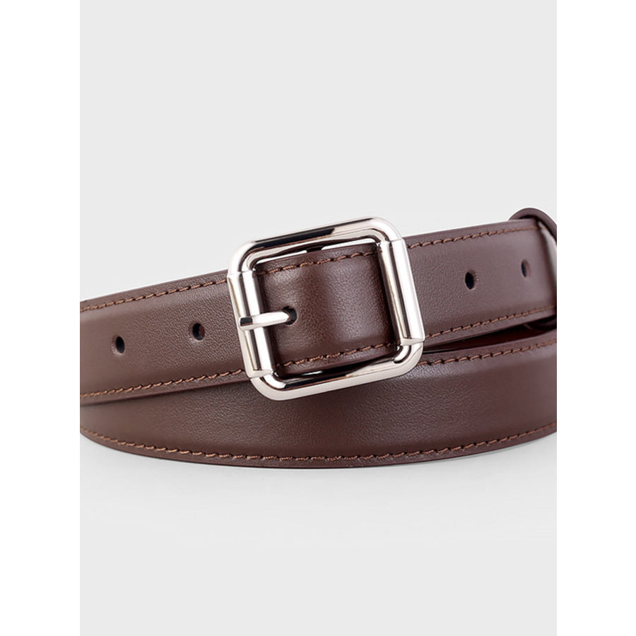 Square Buckle Leather Belt Brown / One Size Apparel and Accessories