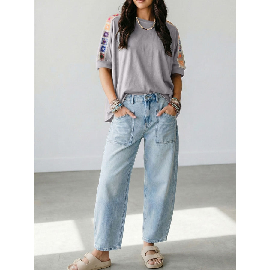 Square Crochet Detail Loose T Shirt Apparel and Accessories