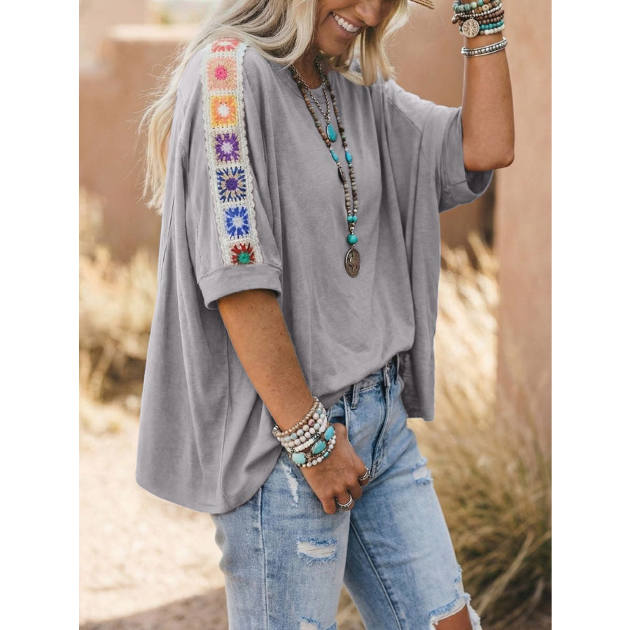 Square Crochet Detail Loose T Shirt Gray / S Apparel and Accessories