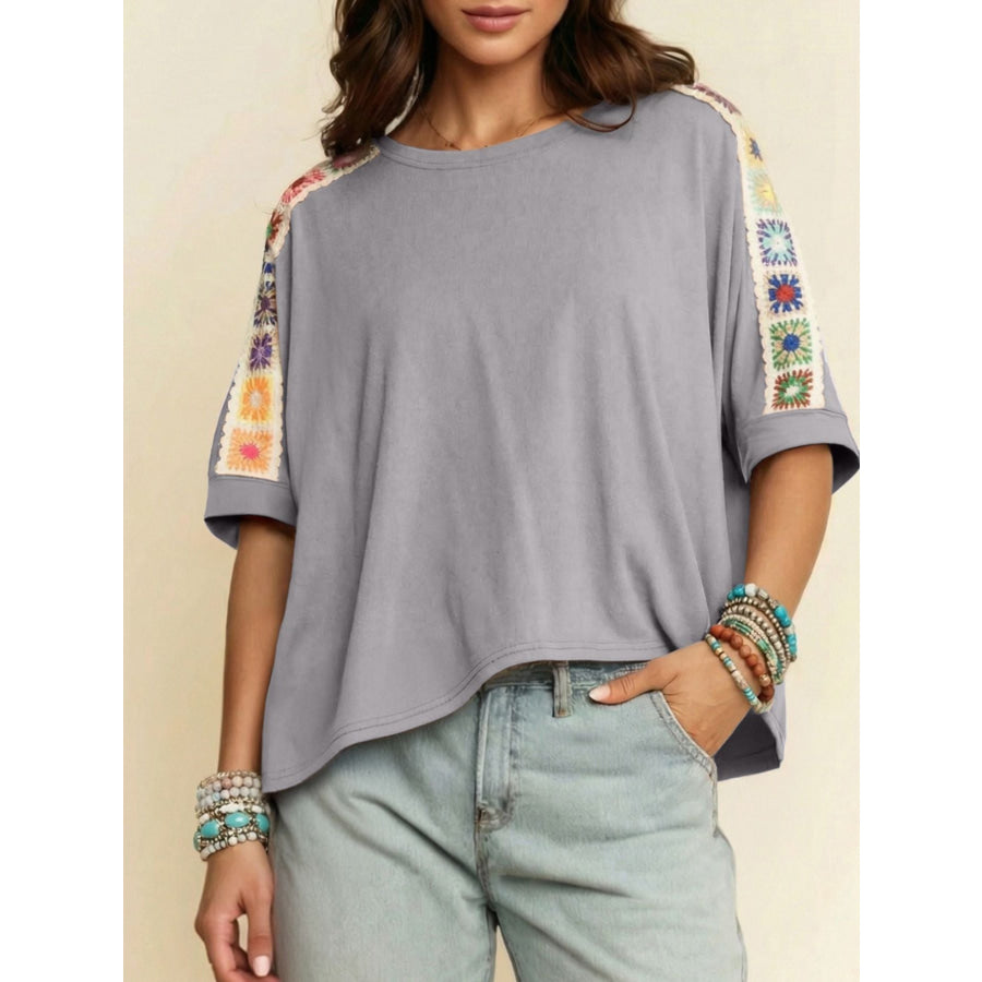 Square Crochet Detail Loose T Shirt Gray / S Apparel and Accessories