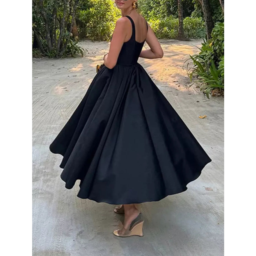 Square Neck A-Line Midi Dress Black / S Apparel and Accessories