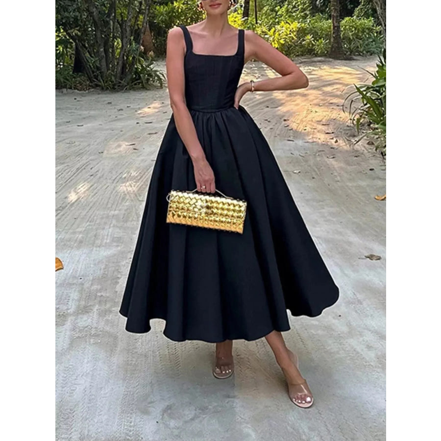 Square Neck A-Line Midi Dress Black / S Apparel and Accessories