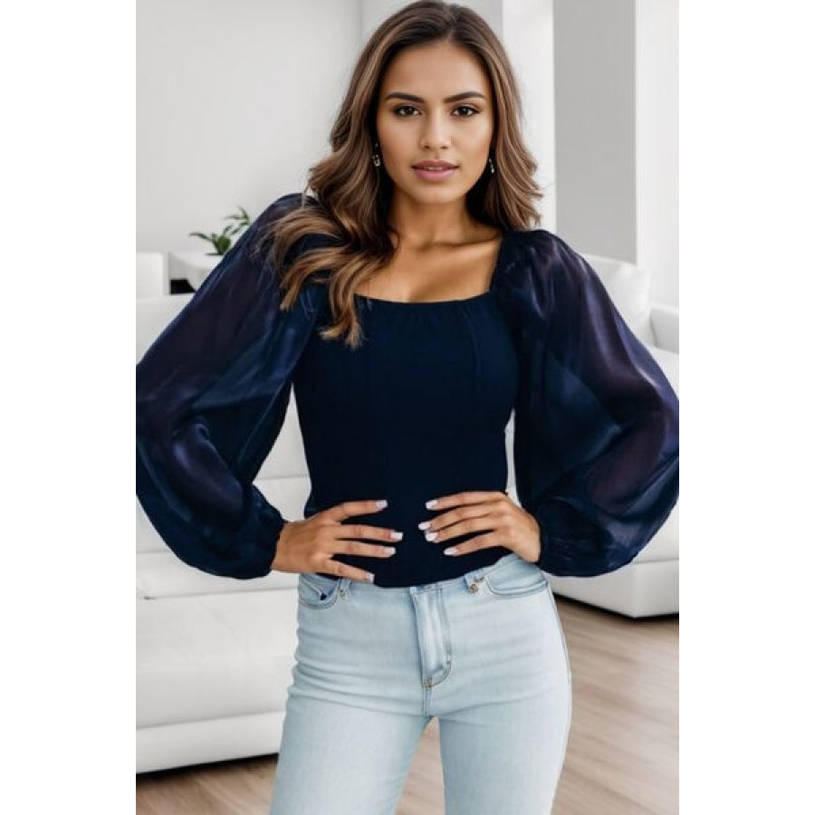 Square Neck Balloon Sleeve Blouse Dark Navy / S Apparel and Accessories