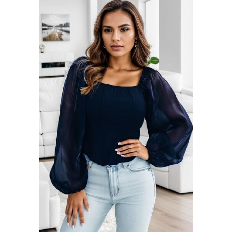 Square Neck Balloon Sleeve Blouse Dark Navy / S Apparel and Accessories