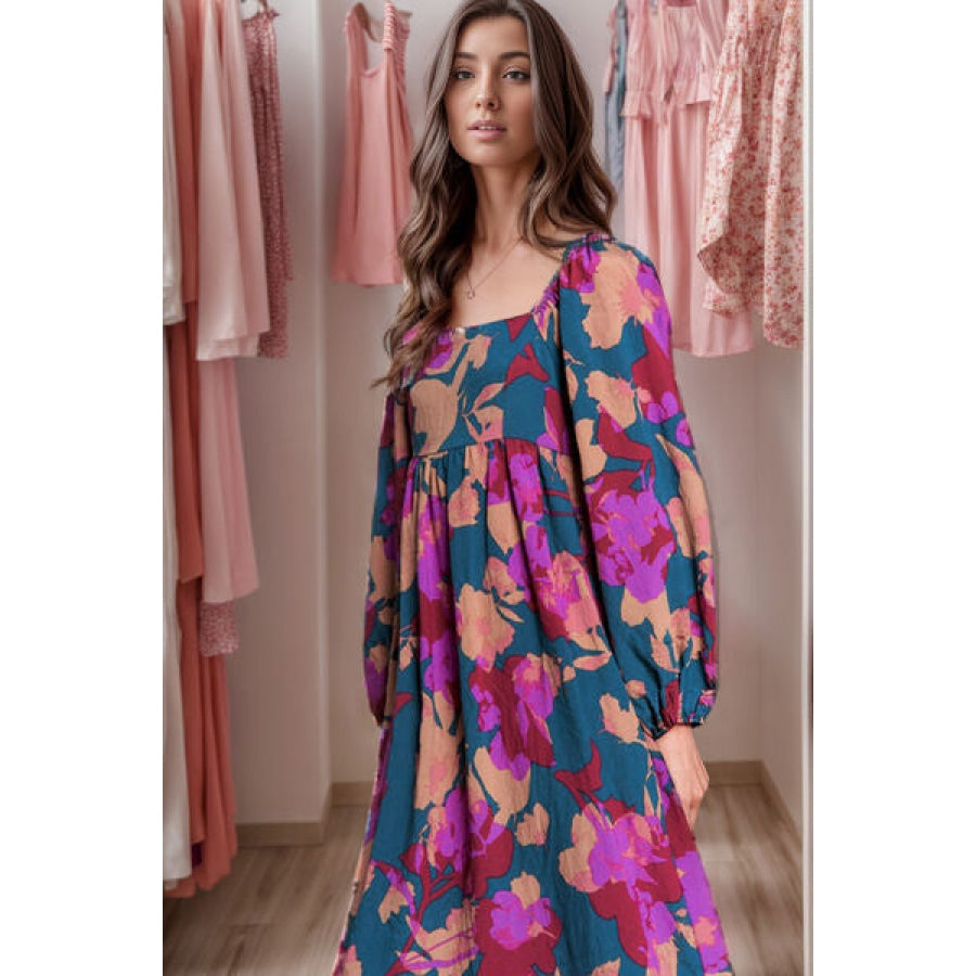 Square Neck Balloon Sleeve Midi Dress Hot Pink / S Clothing