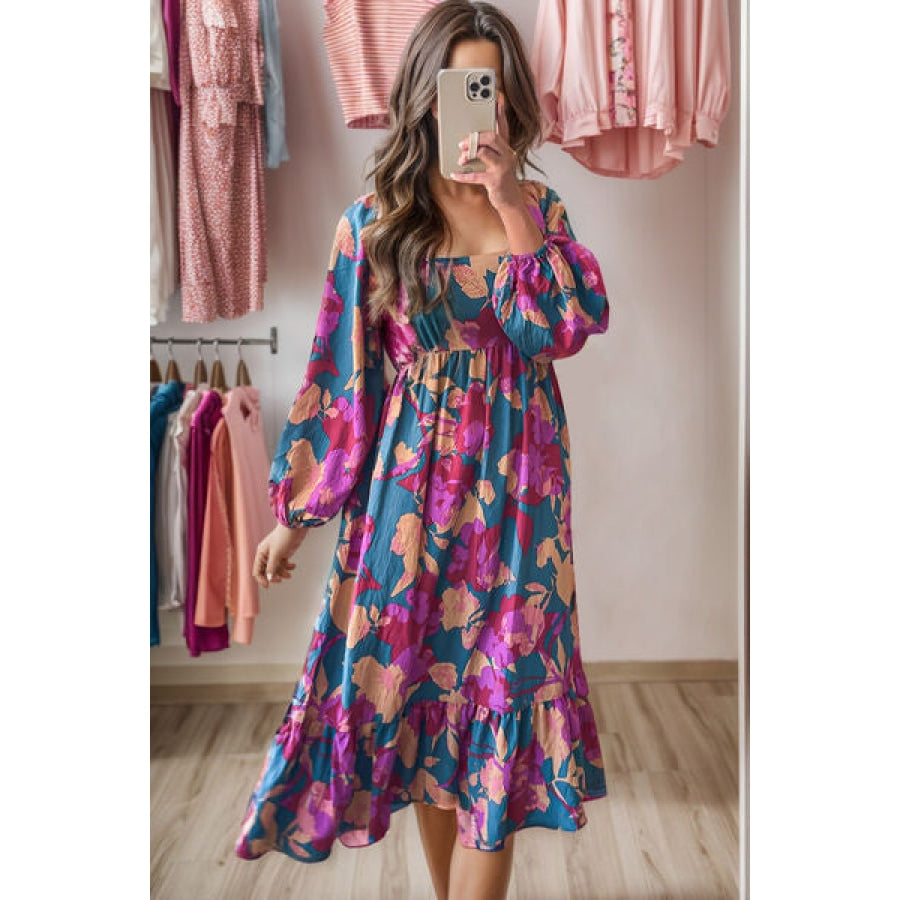 Square Neck Balloon Sleeve Midi Dress Hot Pink / S Clothing