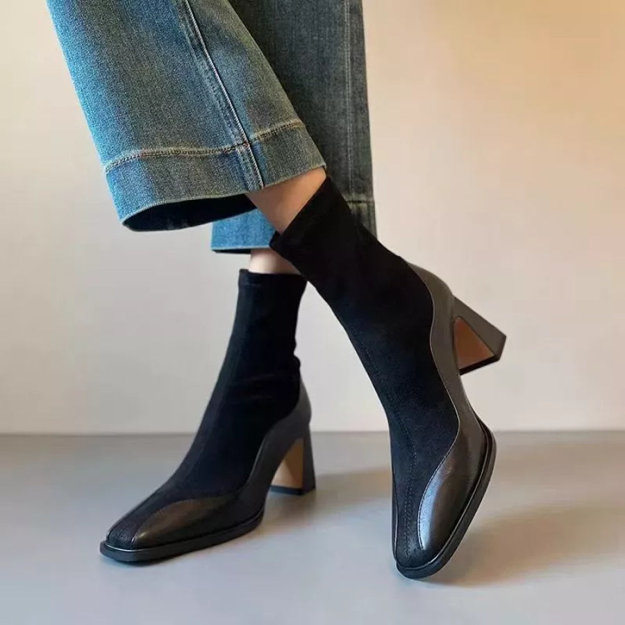 Square Neck Block Heel Boots Black fleece-lined / 35 Apparel and Accessories