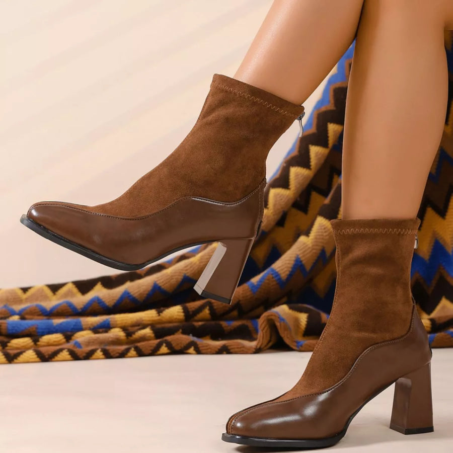 Square Neck Block Heel Boots Brown / 35 Apparel and Accessories