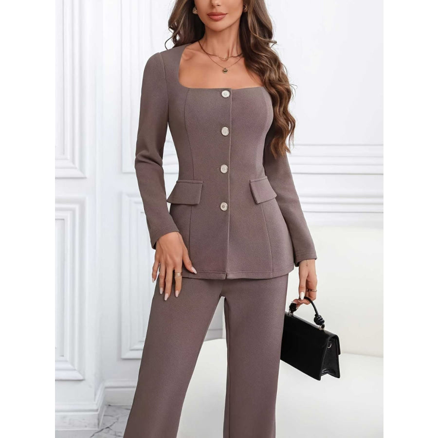 Square Neck Button Up Blazer and Pants Set Taupe / S Apparel and Accessories