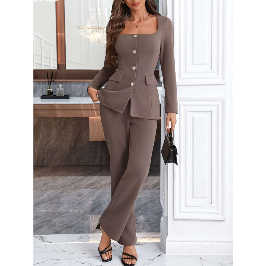 Square Neck Button Up Blazer and Pants Set Taupe / S Apparel and Accessories