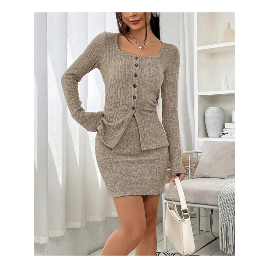 Square Neck Button Up Long Sleeve Top and Skirt Set Apparel and Accessories