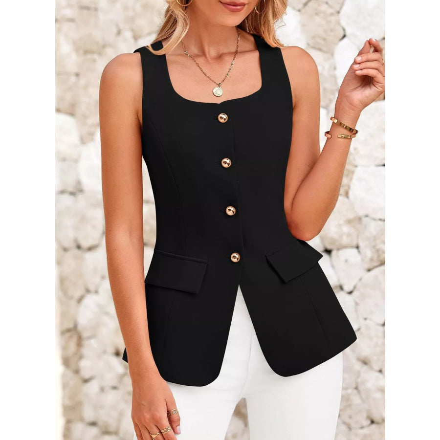 Square Neck Button-Up Vest Black / S Apparel and Accessories
