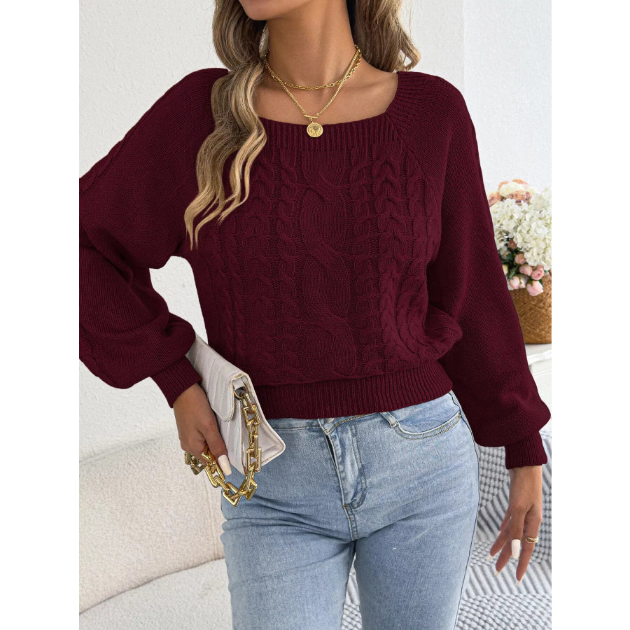 Square Neck Cable Knit Sweater Burgundy / S Apparel and Accessories