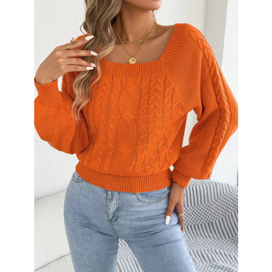 Square Neck Cable Knit Sweater Orange / S Apparel and Accessories