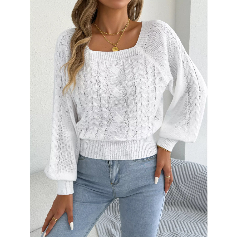 Square Neck Cable Knit Sweater White / S Apparel and Accessories
