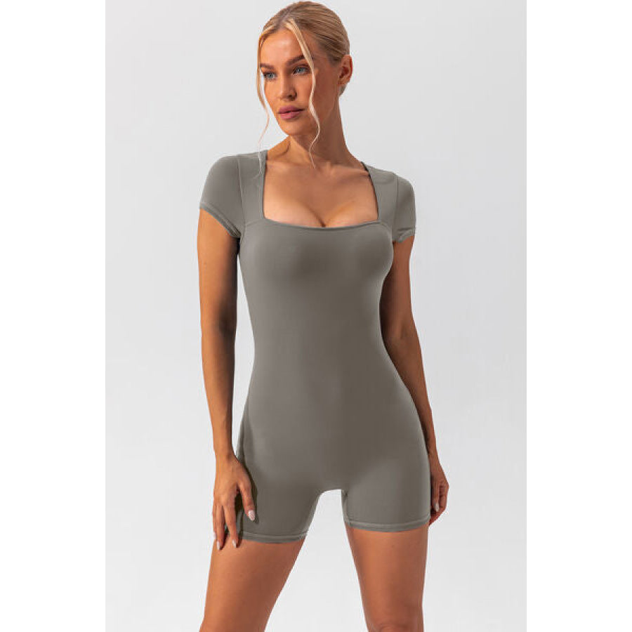 Square Neck Cap Sleeve Active Romper Heather Gray / S Clothing