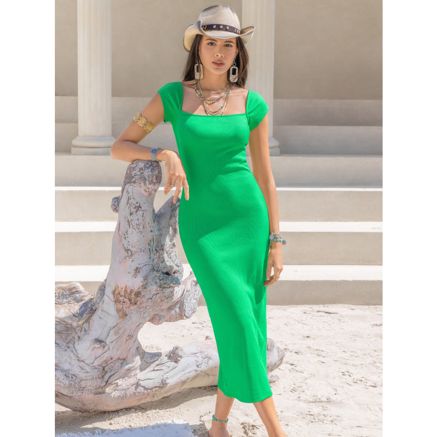 Square Neck Cap Sleeve Midi Dress Green / S Apparel and Accessories