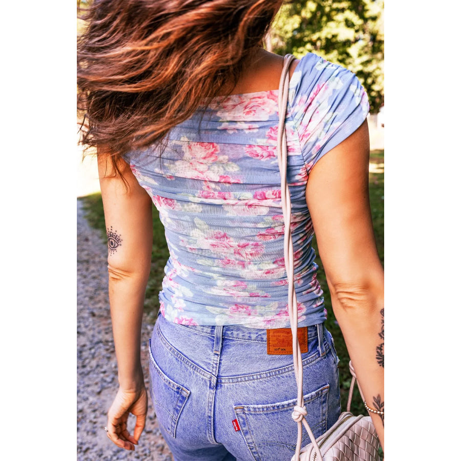 Square Neck Cap Sleeve Ruched Floral Mesh Top Apparel and Accessories